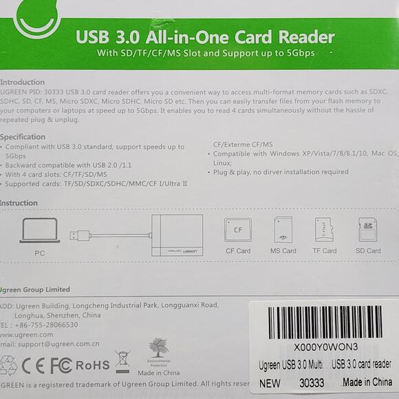 UGreen 30333 USB 3.0 All-in-One Card Reader SD/TF/CF/MS Supports Up To 5Gbps NIB - Picture 3 of 4